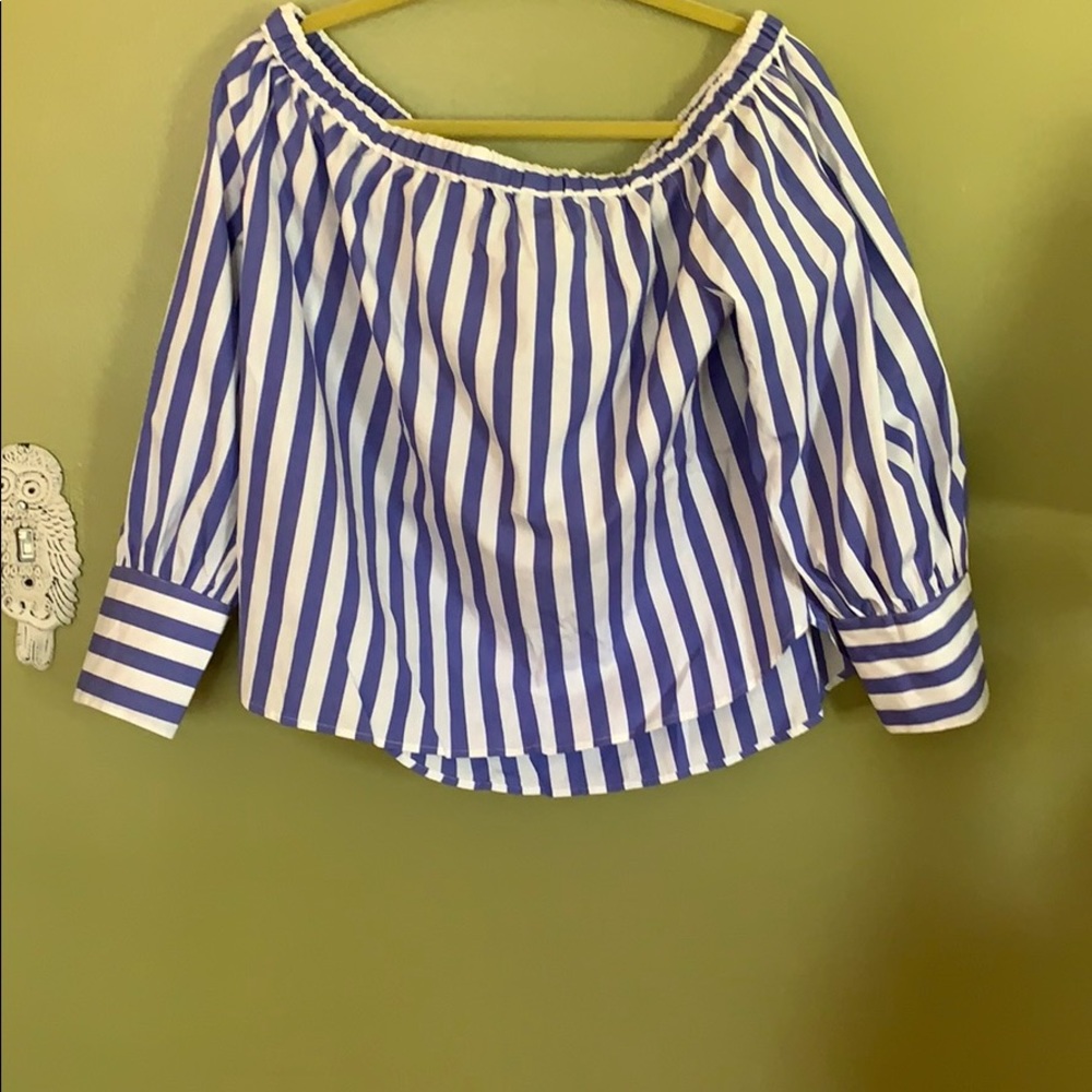J. Crew Blue and White Striped Off-Shoulder Blouse